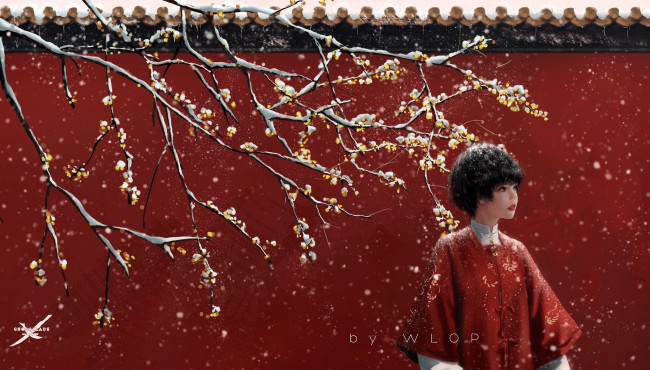 Обои картинки фото фэнтези, _ghost blade ,  призрачный клинок, девушка, стена, дерево, снег