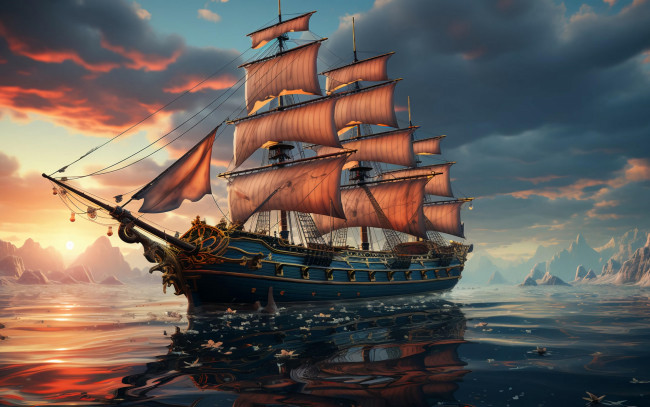 Обои картинки фото корабли, 3d, море, небо, вода, облака, корабль, парусник, паруса, водоем