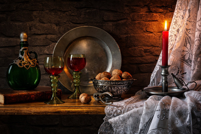 Обои картинки фото еда, натюрморт, орехи, вино