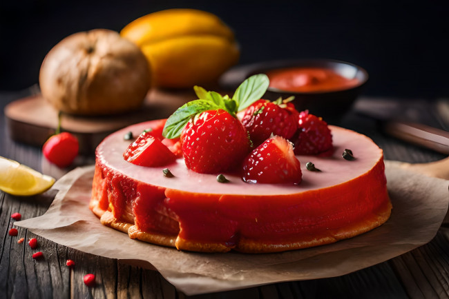 Обои картинки фото комп,  дизайн, разное, компьютерный дизайн, ягоды, темный, фон, клубника, торт, десерт, шоколадный, нейросеть