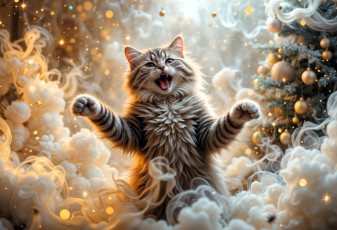 обоя праздничные, 3д графика , новый год, кот, дым, ёлка, украшения