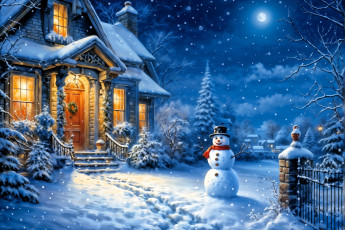 обоя рисованное, праздники, рождество, дом, зима, снег, следы, снеговик, деревья