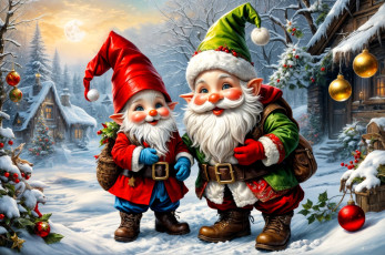 обоя праздничные, - разное , новый год, гномы, украшения, лес, дома