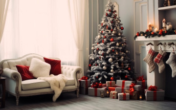 обоя праздничные, ёлки, ёлка, подарки, камин, диван, окно, украшения