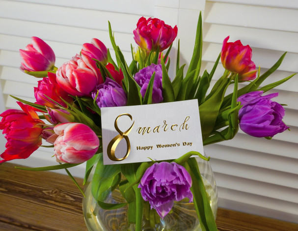 Обои картинки фото праздничные, международный женский день - 8 марта, букет, тюльпаны, надпись