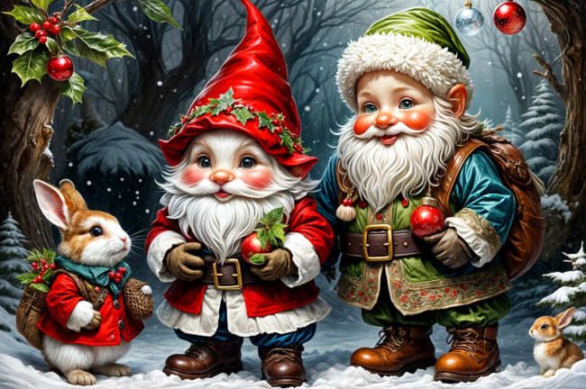 Обои картинки фото праздничные, - разное , новый год, гномы, украшения, лес, зайцы