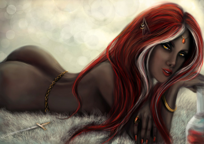 Обои картинки фото фэнтези, эльфы, эльф, цепочка, мех, украшения