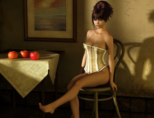 Картинка 3д+графика люди+ people яьлоки стол взгляд девушка фон