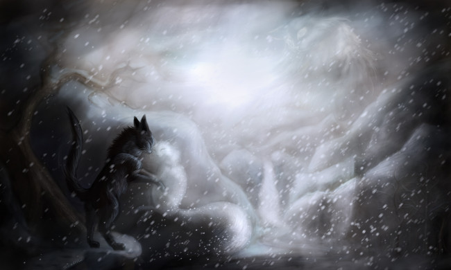 Обои картинки фото рисованное, животные,  коты, кошка, снег, кот