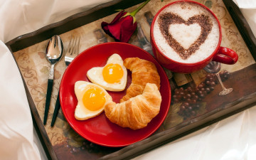 Картинка еда разное яйца круассаны роза кофе