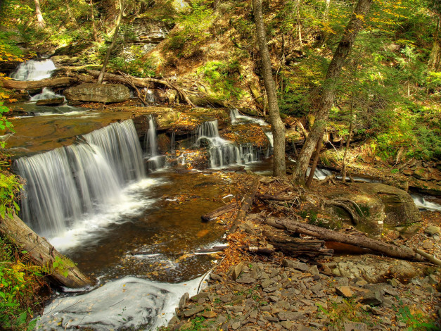 Обои картинки фото природа, водопады, лес, деревья, поток, водопад