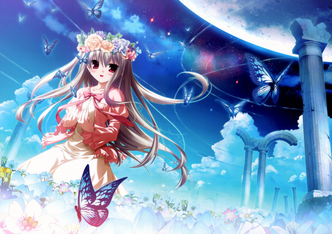 Обои картинки фото аниме, unknown,  другое, девушка, взгляд, фон, венок, бабочки