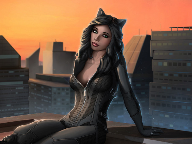 Обои картинки фото рисованное, комиксы, взгляд, девушка, фон, крыша, униформа