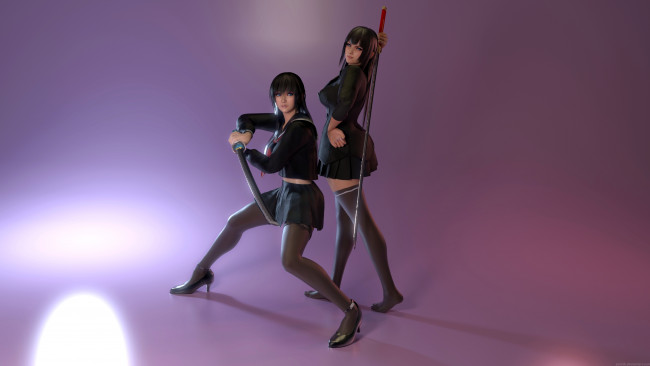 Обои картинки фото 3д графика, фантазия , fantasy, оружие, взгляд, фон, девушки