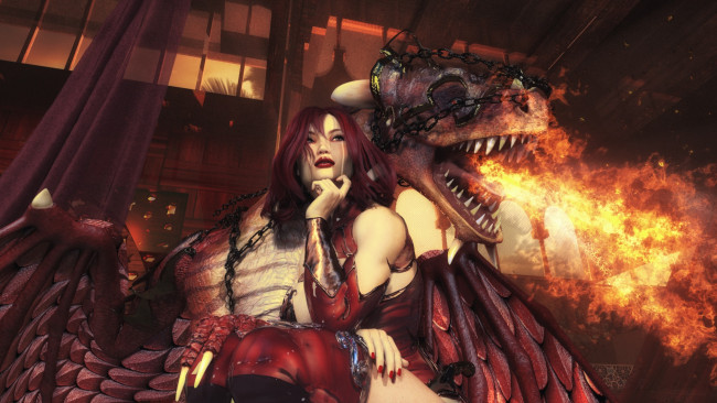 Обои картинки фото 3д графика, фантазия , fantasy, взгляд, фон, дракон, девушка