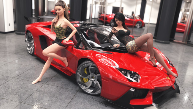 Обои картинки фото 3д графика, люди-авто, мото , people- car ,  moto, девушки, взгляд, фон