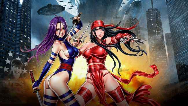 Обои картинки фото рисованное, комиксы, кинжал, униформа, взгляд, фон, девушкаи