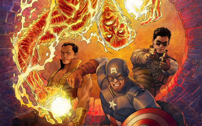 Обои картинки фото рисованное, комиксы, униформа, оружие, взгляд, фон, мужчины