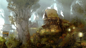 Картинка календари фэнтези 2018 дом фонарь деревья