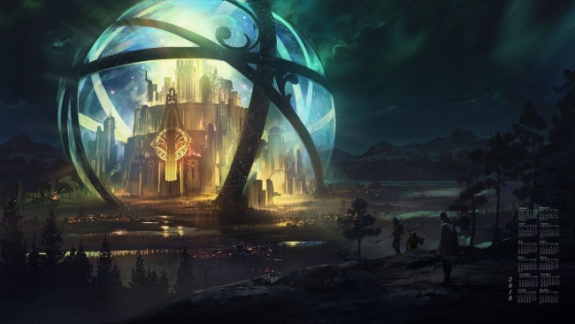 Обои картинки фото календари, фэнтези, 2018, сооружение, человек, ночь, природа