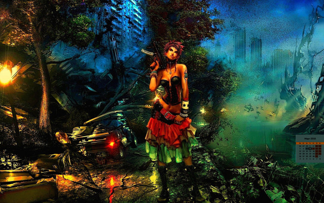 Обои картинки фото календари, фэнтези, 2018, взгляд, девушка, оружие, деревья