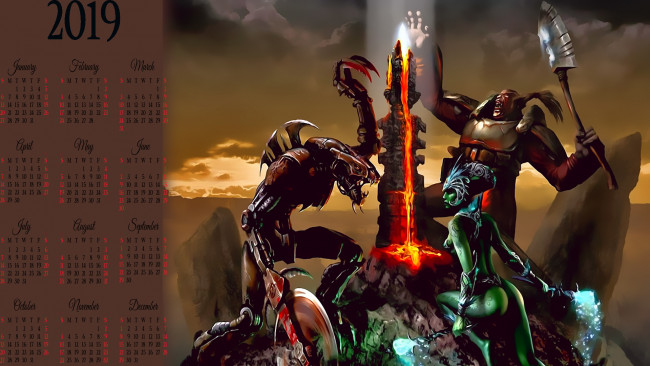 Обои картинки фото календари, видеоигры, девушка, существо, оружие
