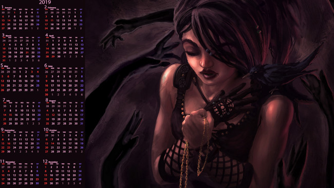 Обои картинки фото календари, фэнтези, птица, девушка, цепь