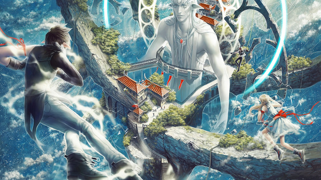 Обои картинки фото фэнтези, иные миры,  иные времена, здания, остров, полет, люди, статуя, пространство