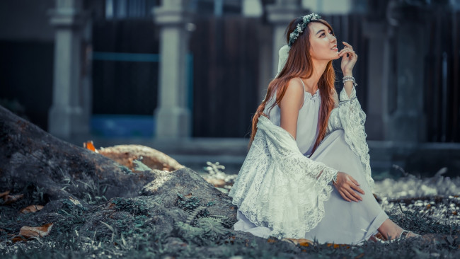 Обои картинки фото девушки, - азиатки, азиатка, венок, кружева