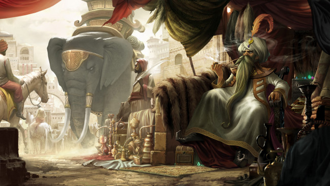 Обои картинки фото рисованное, люди, слон, город, фон, старик