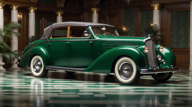 Обои картинки фото разное, компьютерный дизайн, классический, автомобиль, винтаж, старая, машина, произведения, искусства, цифровое, искусство, ии, вид, сбоку, транспортное, средство, колонна, растения, пол