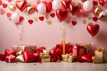 обоя праздничные, день святого валентина,  сердечки,  любовь, подарки, сердечки, шарики