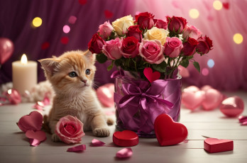 обоя праздничные, день святого валентина,  сердечки,  любовь, котенок, букет, розы, лепестки, сердечко