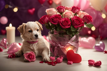 обоя праздничные, день святого валентина,  сердечки,  любовь, щенок, букет, розы, лепестки, сердечко