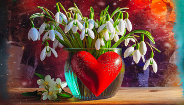 обоя праздничные, день святого валентина,  сердечки,  любовь, подснежники, букет, сердце