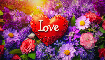 обоя праздничные, день святого валентина,  сердечки,  любовь, цветы, сердце, надпись