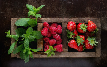 обоя еда, фрукты,  ягоды, мята, ягоды, клубника, малина