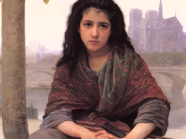 Обои картинки фото adolphe-william bouguereau, рисованное, девочка, платок, скрипка, город