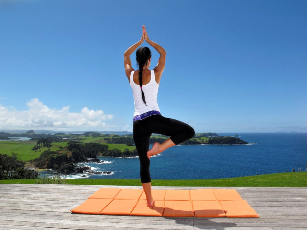 Обои картинки фото девушки, melisa mendiny , kristina uhrinova, брюнетка, коса, майка, лосины, йога, коврик