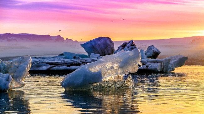 Обои картинки фото природа, айсберги и ледники, закат, горы, льды, море, снег