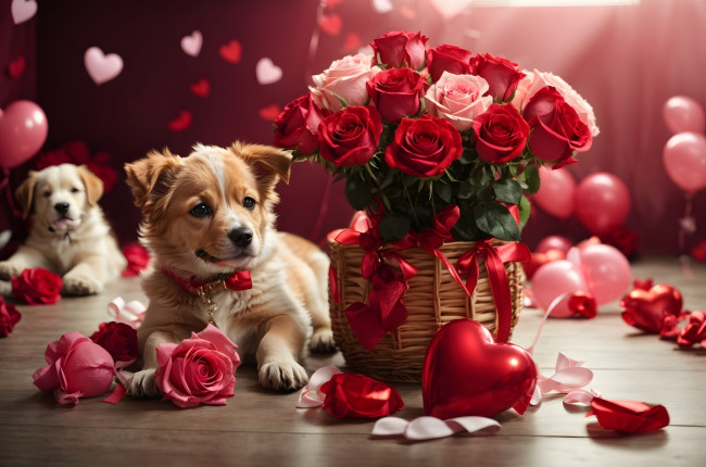 Обои картинки фото праздничные, день святого валентина,  сердечки,  любовь, щенок, букет, розы, сердечко