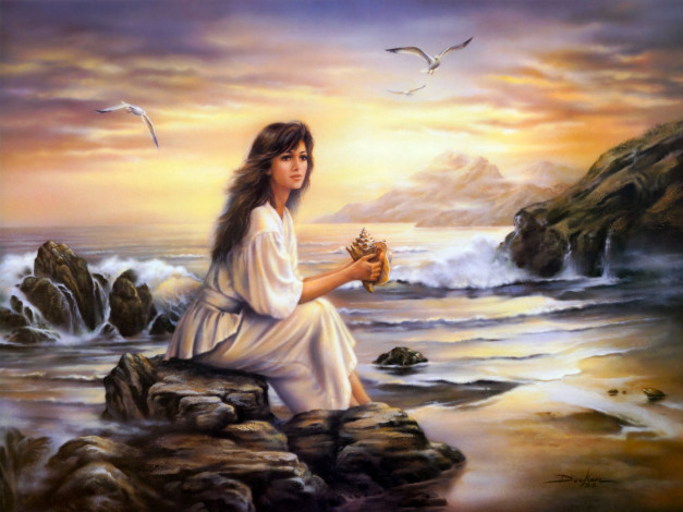 Обои картинки фото dreams, рисованные, russ, docken, чайки, пейзаж, море, девушка