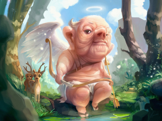 Обои картинки фото фэнтези, ангелы, лес, стрела, старый, купидон, олени, лук