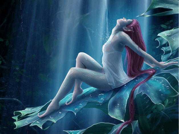 Обои картинки фото фэнтези, эльфы, эльф, длинные, волосы, уши, тело, листя, водопад, вода