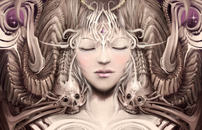 Обои картинки фото фэнтези, существа, черепа, девушка