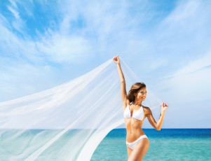 обоя девушки, -unsort , брюнетки,  шатенки, шатенка, девушка, ткань, море, купальник, улыбка