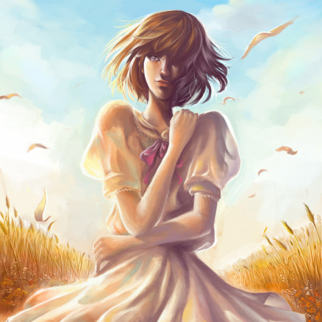 Обои картинки фото рисованные, люди, платье, небо, поле, девушка, облака, колосья, бант, сидит