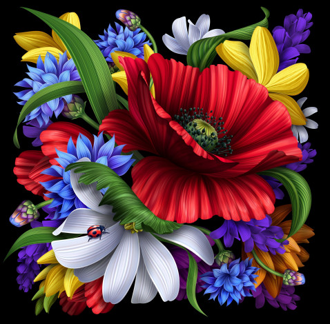 Обои картинки фото рисованные, цветы, божья, коровка, мак, лепестки