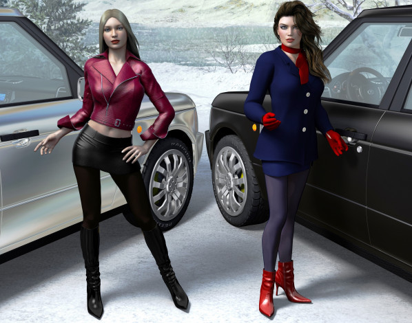 Обои картинки фото 3д графика, people , люди, девушки, автомобили