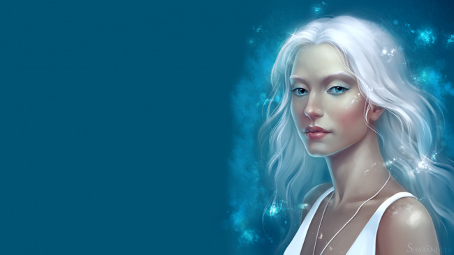 Обои картинки фото девушка, рисованные, люди, синий, фон, лицо